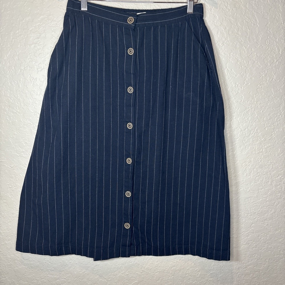 Mango A-Line Button‎ Down Navy Skirt Pinstripe W/Pockets, Size M